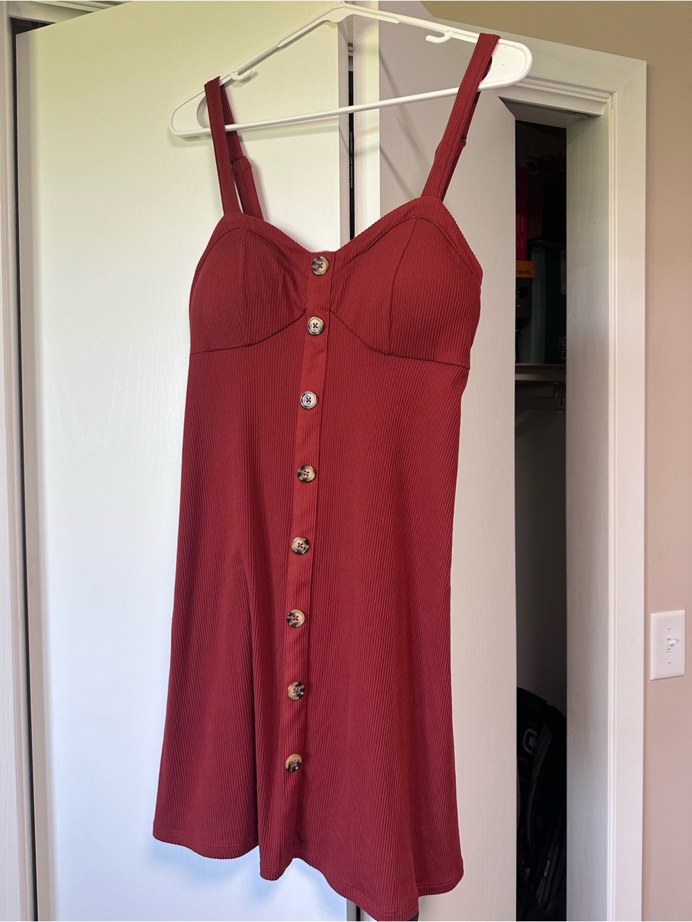 Ribbed Button-Front Rust Red Sundress